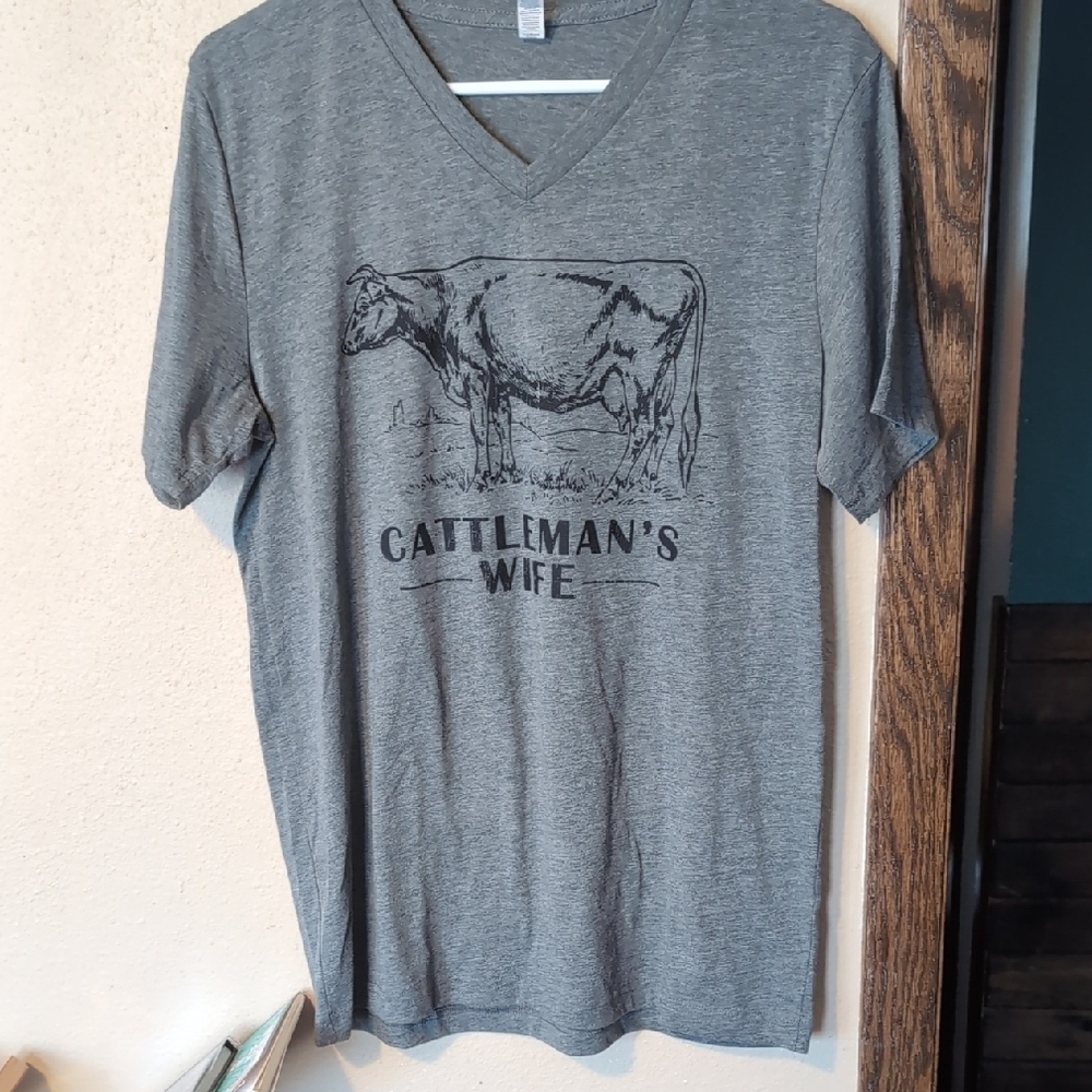 Gray Cattleman's Wife Cow V-Neck Graphic T-Shirt